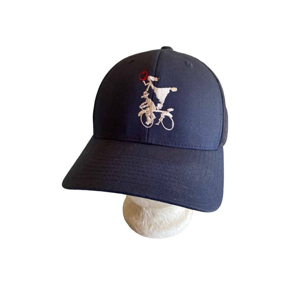 Tandem Ciders Navy Blue Trucker Hat With Embroidered Cyclist Design & Adjustable